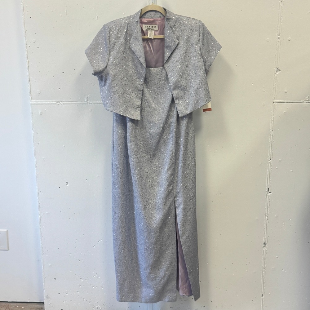 NWT J.R. Nites Petites Silver Floral Jacquard Maxi Dress & Bolero Jacket Set 14P